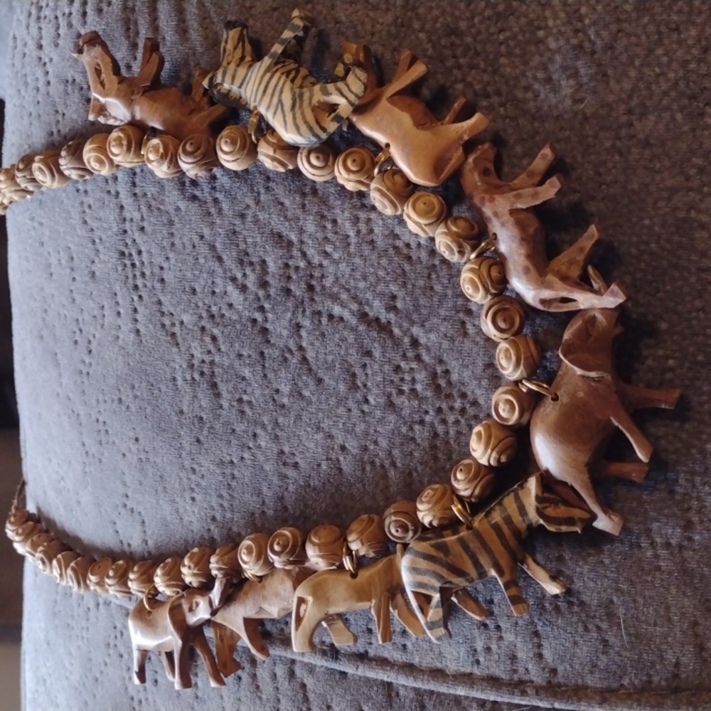 Vintage Corded Hand Carved Wooden Animals Necklace, Tie Closure, Unique, Rare